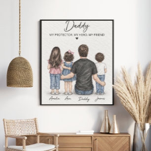 Poster Arte em Lápis Personalizada de Pai e Filhos