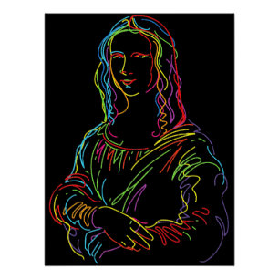 Pôster Arte em linha abstrata da Mona Lisa néon