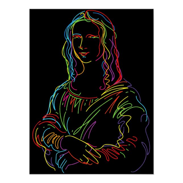 Pôster Arte em linha abstrata da Mona Lisa néon (Frente)