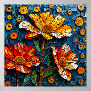 Poster Arte em Mosaico Colorido de Flores Vibrantes