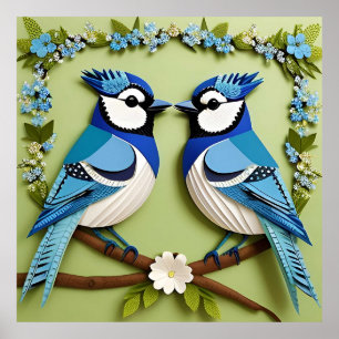 Poster Arte em papel de pássaros gaios azuis