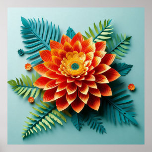 Poster Arte em papel floral laranja origami moderna minim