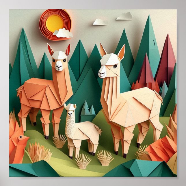 Poster Arte em Papel Origami de Alpacas Cena 3D (Frente)