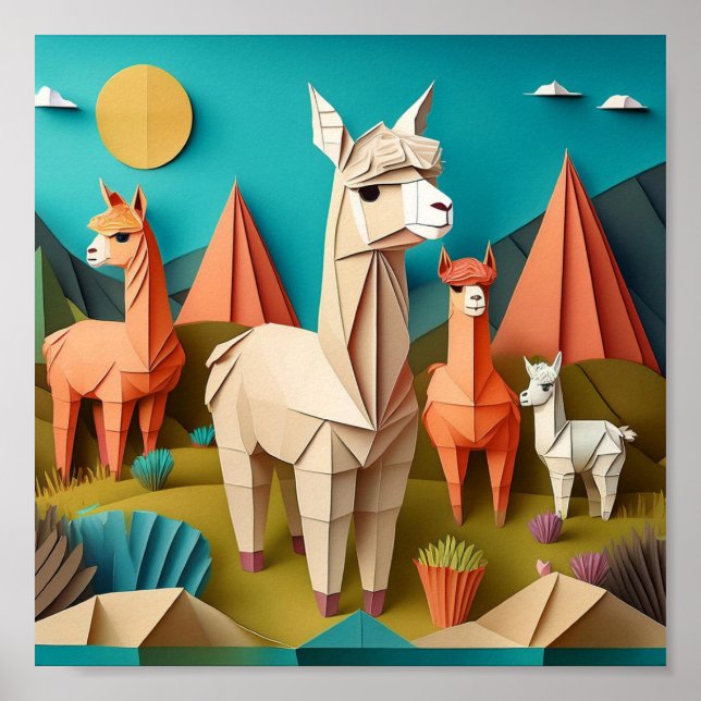 Poster Arte em Papel Origami de Alpacas Cena 3D (Frente)