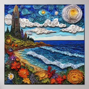 Poster 🌊 Arte em papel quilling de paisagem marinha Onda
