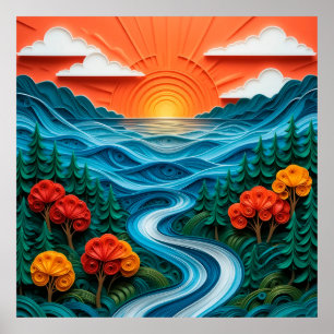 Poster Arte em papel vívida retratando um pôr do sol sere