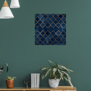 Poster Arte em Parede Árabe - Padrão Geométrico Azul e Do
