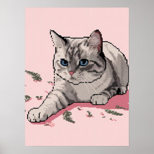 Poster Arte em Pixel de Gato Cinza Ragdoll com Olhos Azui