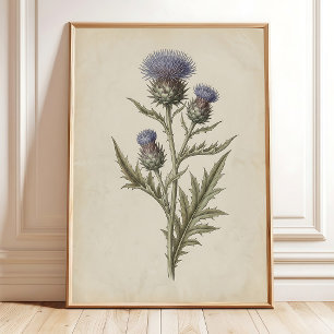 Poster Arte em Tela de Flor de Cardo Vintage para Parede