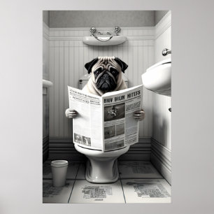 Poster Arte engraçada de pug no banheiro (Impressão Digit