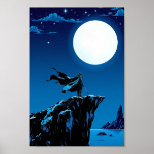 Poster Arte Épico de Parede do Guerreiro Anime ao Luar