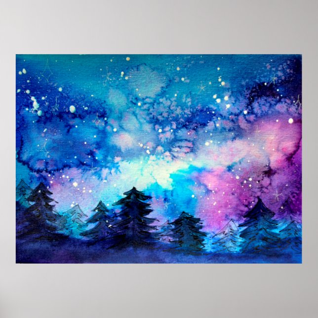 Poster Arte espacial em aquarela com céu noturno e árvore (Frente)