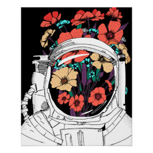 Pôster Arte espacial floral de astronauta