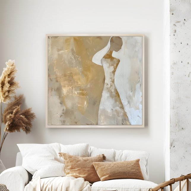 Poster Arte estética de parede de pintura feminina contem (Contemporary Woman Painting Aesthetic Wall Art in a neutral boho living room.)