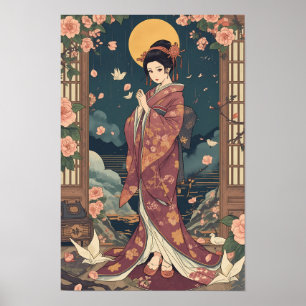 Poster Arte Estético de Garota Anime Kimono Japonesa Vint