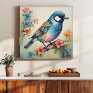 Pôster Arte Estilizada de Bluebird e Blossoms