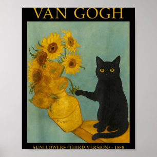 Poster Arte Estrelado Gato Preto Com Flores