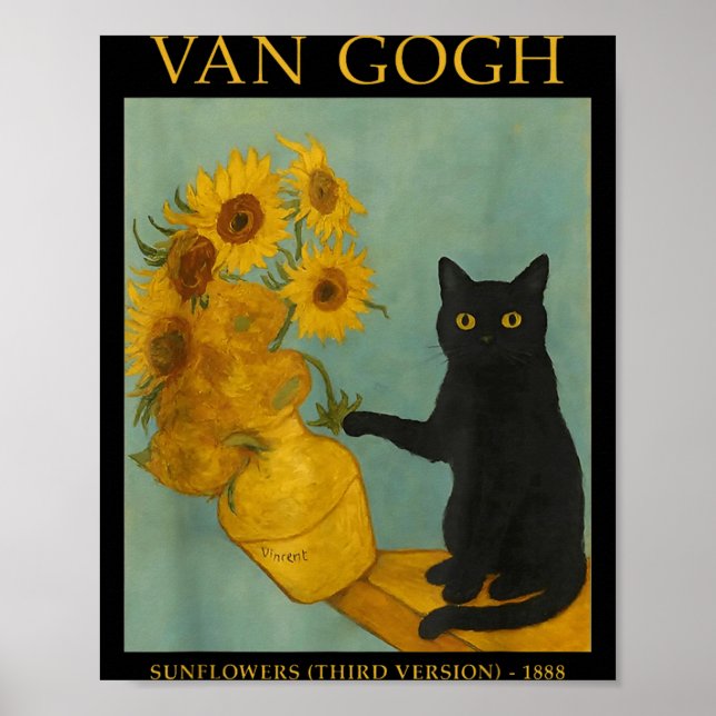 Poster Arte Estrelado Gato Preto Com Flores (Frente)
