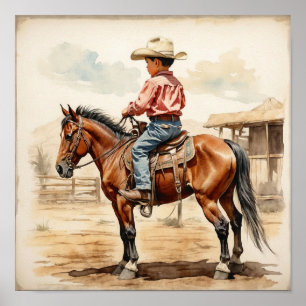 Poster Arte Étnica Ocidental Vintage de Menino a Cavalo