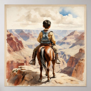 Poster Arte Étnico Ocidental Vintage de Menino a Cavalo