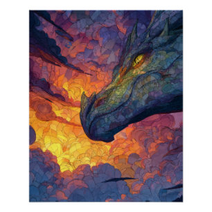 Pôster Arte Fantasia do Dragão do Pôr do Sol com Olhar Do