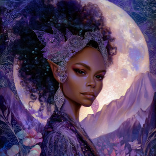 Poster Arte Fantástico Deusa Elfa Lunar Afro-Americana