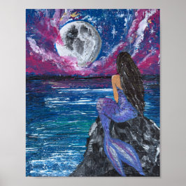 Poster Arte feita à mão de sereia ao luar 