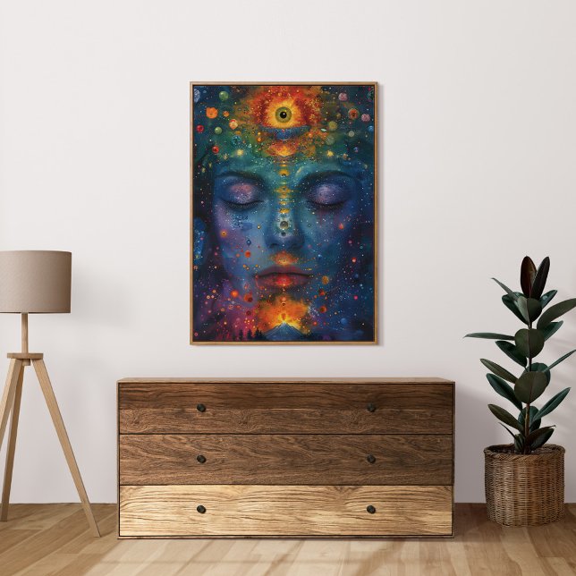 Poster Arte Feminina Espiritual Colorida com Terceiro Olh (Colorful Spiritual Opened Third Eye Female Art Poster in a neutral boho living room.)