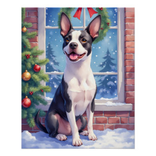 Pôster Arte Festiva de Natal do Boston Terrier