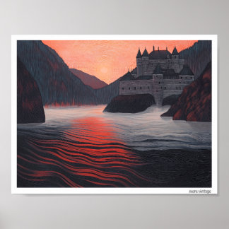 POSTER ARTE FINA ENCANTADORA 'CASTELO FRANCÊS SOBRE A ÁGU