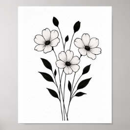 Poster Arte Floral Abstrata de Tinta Minimalista em Preto