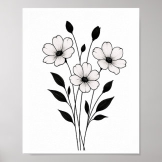 Poster Arte Floral Abstrata de Tinta Minimalista em Preto