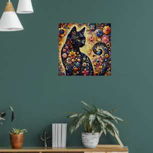 Poster Arte Floral Abstrato de Gato Negro
