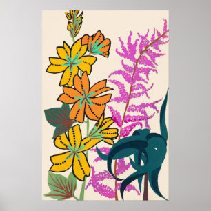 Poster Arte Floral Art Déco Vibrante Magenta e Laranja