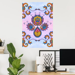 Poster Arte Floral Azul e Púrpura, Azul Mehndi