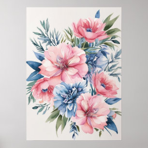 Poster Arte Floral Azul e Rosa Elegante