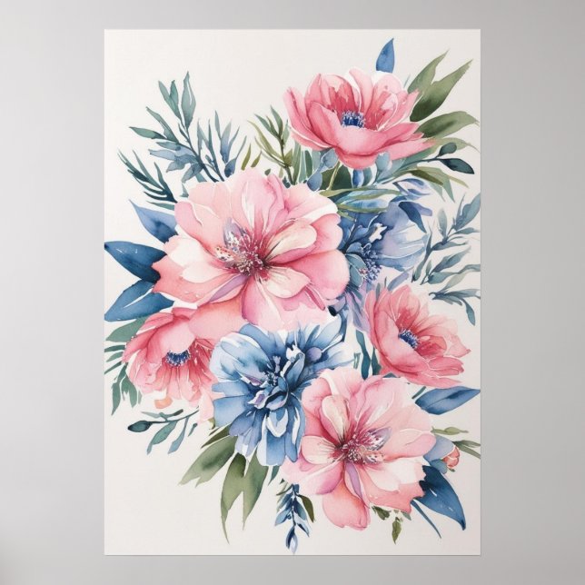 Poster Arte Floral Azul e Rosa Elegante (Frente)