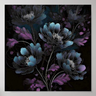 Poster Arte floral azul e roxo escuro