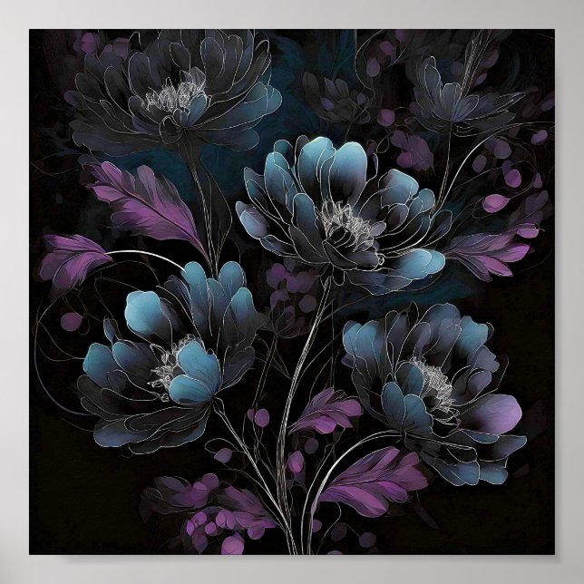 Poster Arte floral azul e roxo escuro (Frente)