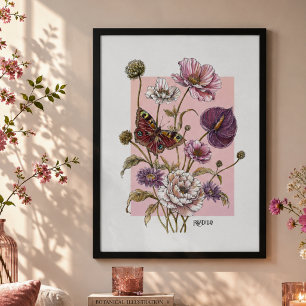 Poster Arte Floral Botânica Caprichosa de Borboleta