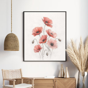Poster Arte Floral Botânica de Papoulas de Coral Elegante