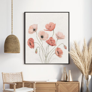 Poster Arte Floral Botânica de Papoulas de Coral Elegante