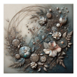 Pôster Arte floral botânica escultural em 3D Creme Teal p