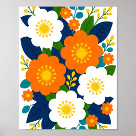 Poster Arte Floral Colorido com Flores de Laranja e Branc