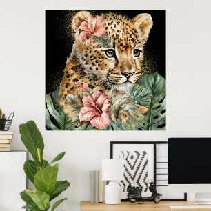 Poster Arte Floral de Animais Bebês da Selva em Aquarela
