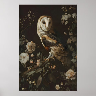 Poster Arte Floral de Coruja de Celeiro Vintage Imprimíve