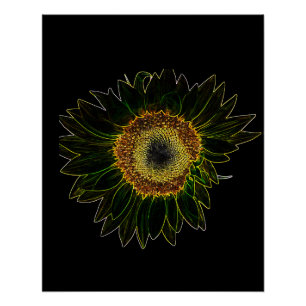 Pôster Arte Floral de Girassol Amarelo Neon Minimalista