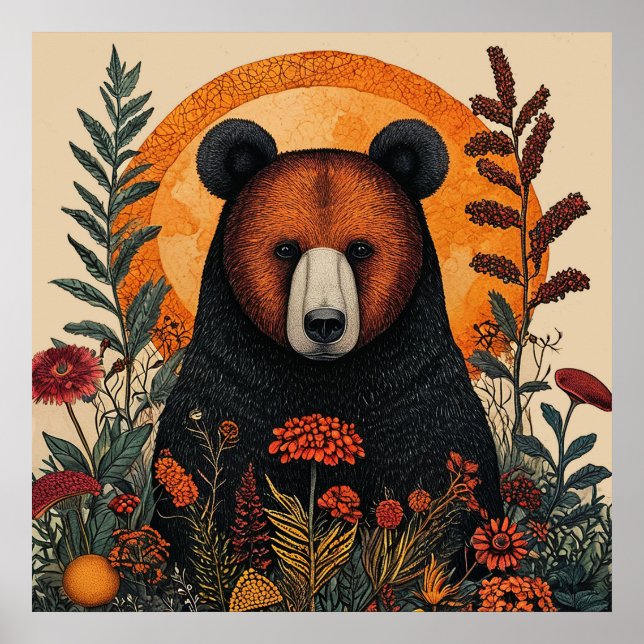 Poster Arte Floral de Parede Floresta de Ursos Decoração  (Frente)