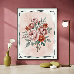 Poster Arte Floral de Rosas em Aquarela Vintage com Tons