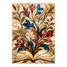 Arte Floral de Vidro Manchado de Livro Aberto para